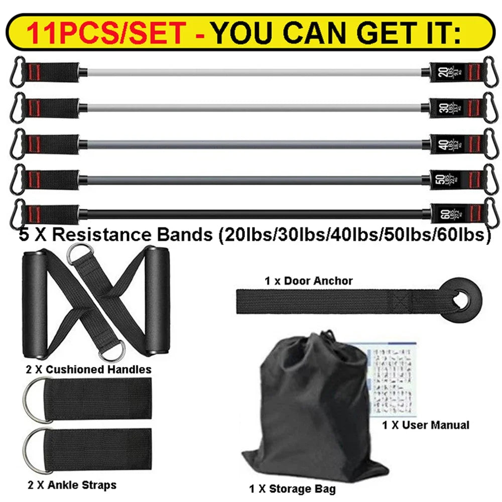 12PCS Pilates Bar Kit with Resistance Bands Set Non-slip Fitness Stick Elastic Bands Workout Bar Exercise Bands 200LBS 150LBS